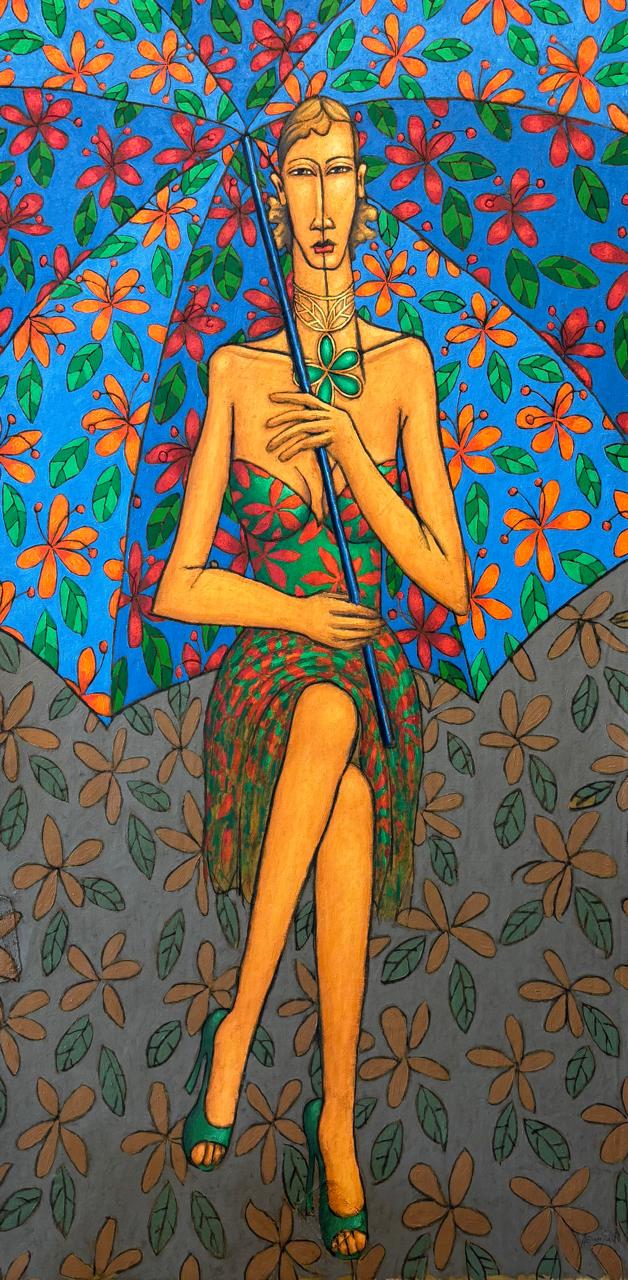 Mulher de Guarda-Chuva Azul (180x90cm) - AAS 4261 - obra original